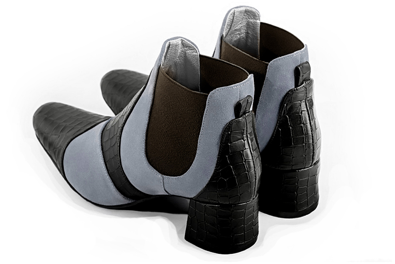 Satin black, mouse grey and dark brown women's ankle boots, with elastics. Round toe. Low flare heels. Rear view - Florence KOOIJMAN
